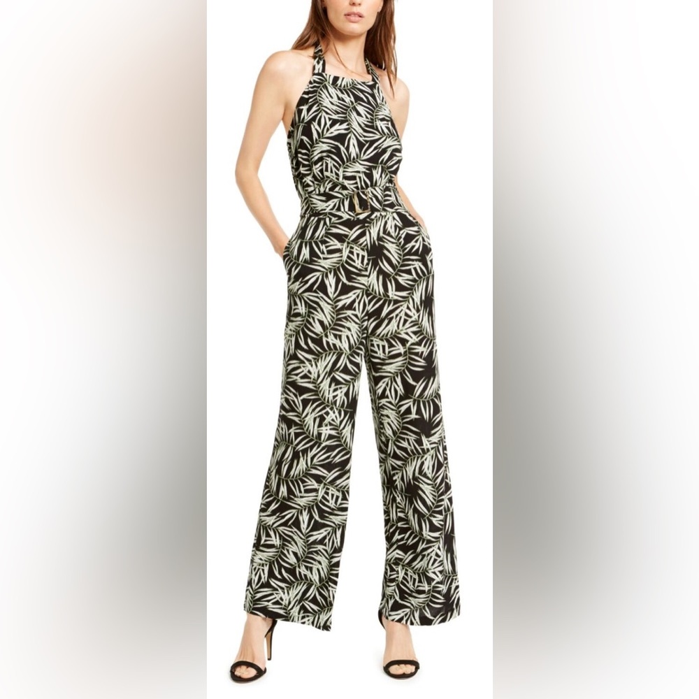 1. STATE Womens Belted
Sleeveless Halter Wide Leg
Jumpsuit Palm Print.